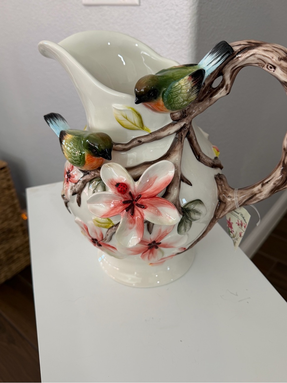 Decorative Ceramic Pitcher with Hand-Painted Birds & Pink Flowers